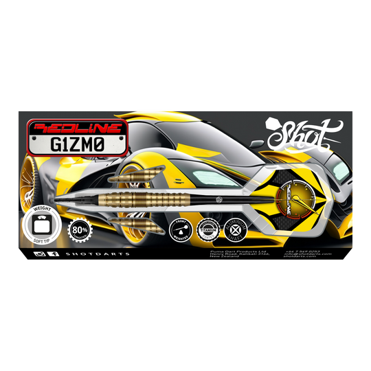 Dardos suaves Shot Redline Gizmo - 20 g Auf dem Bild ist das Produkt "Shot Redline Gizmo Softdarts - 20g" abgebildet. Im Hintergrund ist ein sportliches, gelb-schwarzes Auto zu sehen, das das dynamische Design der Softdarts unterstreicht.