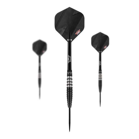 Bulls NL Lightning Black Steeldarts Das Bild zeigt drei schwarze Steeldarts des Modells "Bulls NL Lightning Black". Die Darts haben ein modernes, geriffeltes Design mit schwarzen Flights.