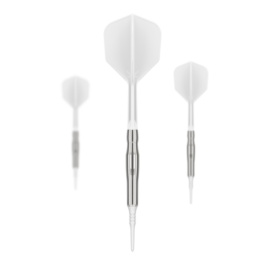 Freccette morbide Target Japan Crux Brave - 18,5 g Das Bild zeigt drei Softdarts des Produkts "Target Japan Crux Brave Softdarts - 18,5g". Die Darts haben silberne Schäfte und weiße Flights.