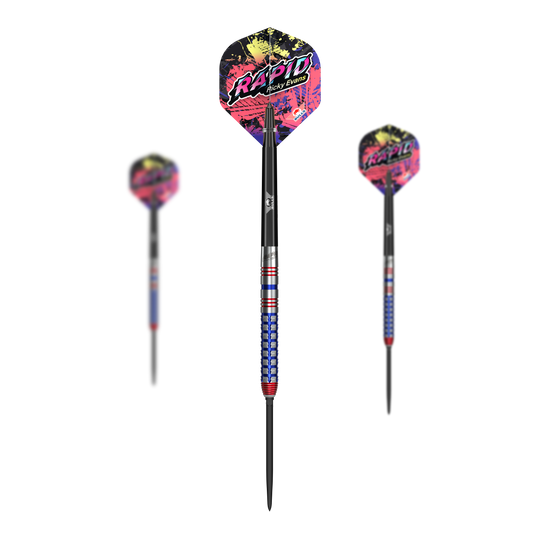 Šipky Bulls NL Ricky Evans Rapid Convertible Point Steel Zu sehen ist das Produkt Bulls NL Ricky Evans Rapid Convertible Point Steeldarts. Es werden mehrere Pfeile gezeigt.