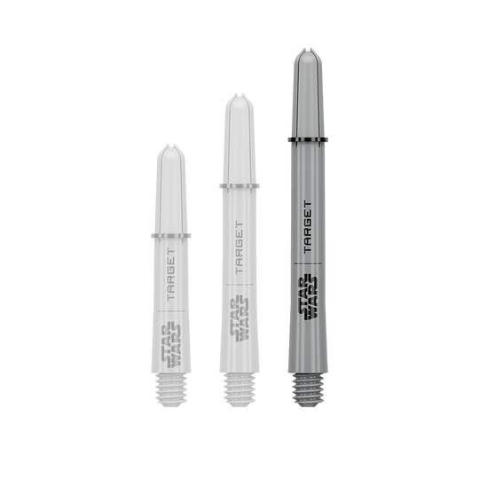 Target Star Wars ProGrip Shafts - Grau Das Bild zeigt ein Dart-Zubehör mit dem Dateinamen 380432_Target_StarWars_ProGrip_Shafts_Grau_Medium_48mm_1. Es handelt sich wahrscheinlich um einen einzelnen grauen Medium ProGrip Shaft von Star Wars mit 48mm Länge.