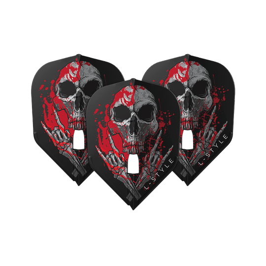 Letky L-Style Ryan Searle V3 L3PRO černé Das Bild zeigt drei schwarze Dart-Flights mit einem auffälligen Totenkopf-Design und roten Farbspritzern. Unten auf den Flights steht der Schriftzug "L-STYLE".