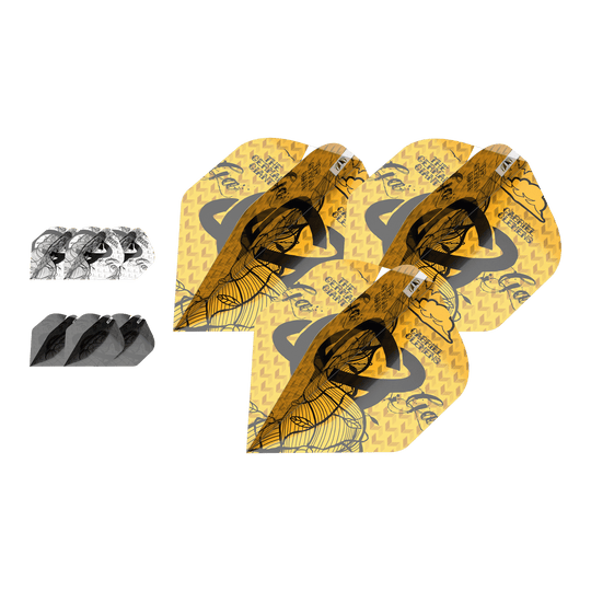 Target Ink Bundle 3 Sets Gabriel ClemensNo2 Standardní letky Das Bild zeigt drei Sets von Gabriel Clemens No2 Standard Flights aus der Target Ink Bundle Kollektion. Die Flights haben unterschiedliche Designs in Gelb, Schwarz und Weiß.