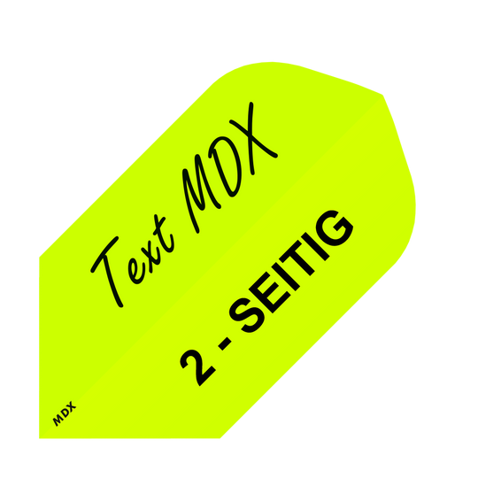 MD-455_2-Seitig_Bedruckte_Flights_Wunschtext_MDX_Gelb_Slim_1 Das Bild zeigt ein gelbes Quadrat mit schwarzer Schrift. Darauf steht „Text MDX“ und „2-SEITIG“.