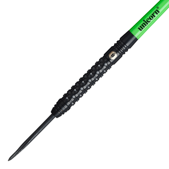 Stalowe lotki Unicorn Wraith Das Bild zeigt einen Unicorn Wraith Steeldart mit schwarzem, strukturiertem Griff. Der Schaft ist grün und trägt die Aufschrift "unicorn".