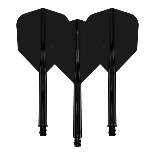Mission Force 90 No6 Flight-Shaft-System - Schwarz Medium Auf dem Bild sind drei schwarze Dartflights mit passenden Shafts zu sehen. Sie stehen nebeneinander und sind identisch gestaltet.