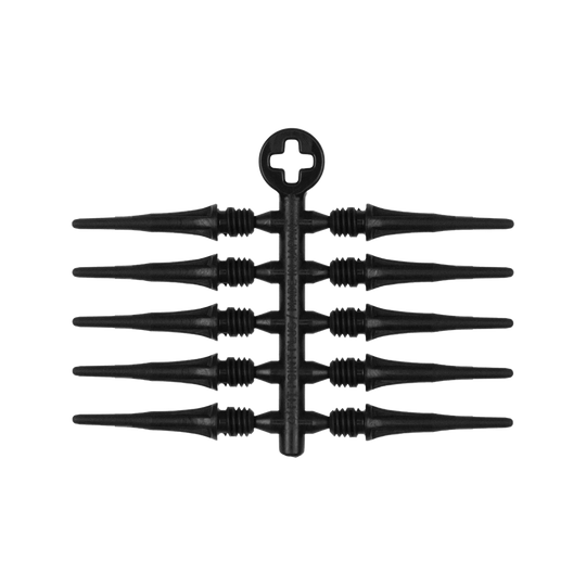 X9078_Cosmo_Fit_Point_Plus_2BA_Spitzen_Schwarz_2 Das Bild zeigt eine schwarze Kunststoffhalterung mit acht austauschbaren Dartspitzen. In der Mitte befindet sich ein rundes Element mit einem Kreuzmuster.