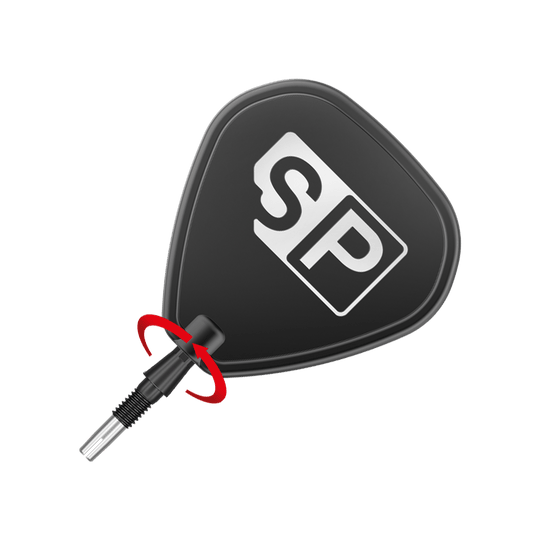Punte per freccette Target Swiss Storm Onyx Point - Nere Das Bild zeigt eine schwarze Dartspitze mit der Aufschrift "SP". Ein roter Pfeil zeigt, dass die Spitze gedreht werden kann.