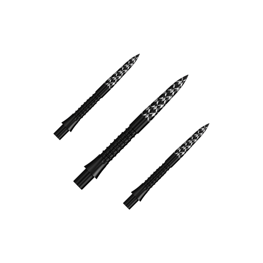 Puntas de dardos Mission Caliburn EVO con logotipo GV - Negro Das Bild zeigt ein Set schwarzer Steeldartspitzen mit GV-Logo, 26 mm lang. Diese Spitzen sind speziell für Dartpfeile entwickelt worden.