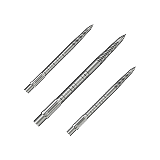 Caliburn System Steel Dart Tips - Micro Grip - Silver Das Bild zeigt ein Set von Steeldartspitzen mit Micro Grip, Silber, 36mm. Die Spitzen sind nebeneinander auf weißem Hintergrund angeordnet.