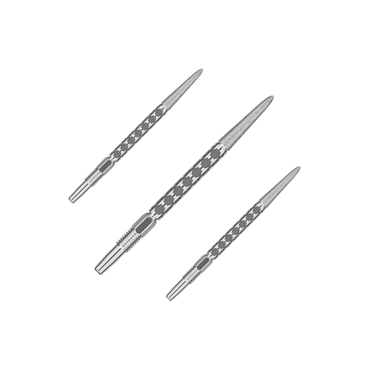 Target Swiss FLT Point Dartspitzen - Silber Ein Set mit mehreren kurzen silbernen Dartspitzen ist nebeneinander angeordnet. Die Spitzen laufen parallel.
