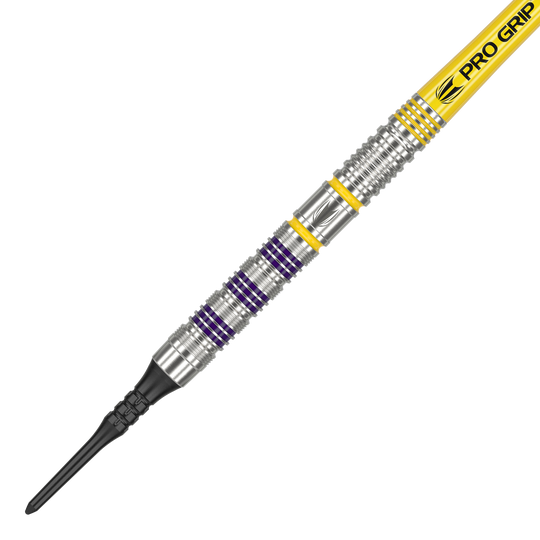 Target Luke Littler Loadout Softdarts - 19g Das Bild zeigt einen Softdart namens "Target Luke Littler Loadout Softdarts - 19g". Der Dartpfeil ist silberfarben mit gelben und lila Ringen sowie einem gelben "PRO GRIP"-Schaft.