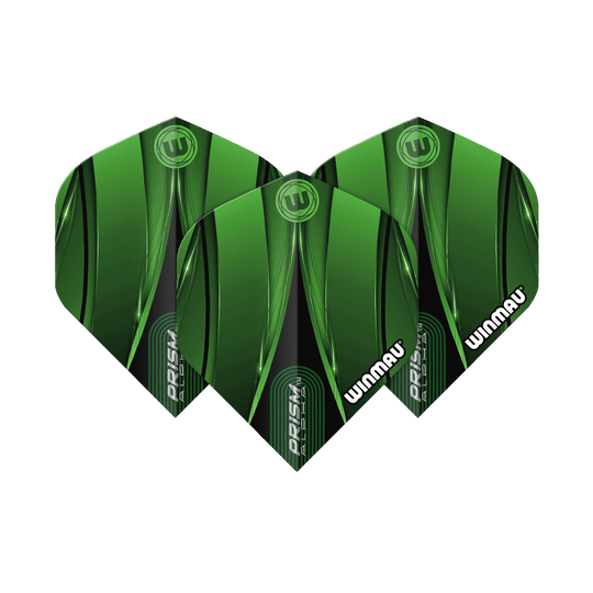 Letky Winmau Alpha Sniper Green Standard Das Bild zeigt drei grüne Dart-Flights des Modells „Winmau Alpha Sniper Green Standard Flights“. Die Flights haben ein modernes, grünes Design mit schwarzen Akzenten und dem weißen Winmau-Logo.