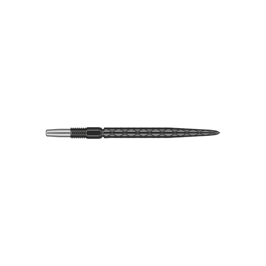 Puntas de dardos Target Swiss Diamond Pro Black Points Das Bild zeigt eine schwarze Dartspitze mit einem rautenförmigen Muster. Sie ist schlank und hat ein Schraubgewinde am hinteren Ende.