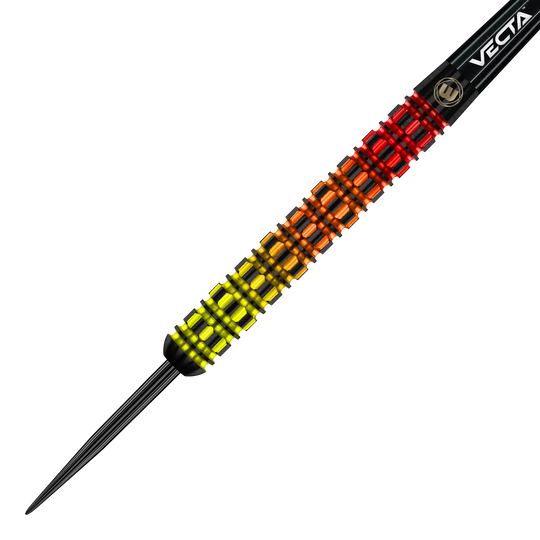 Dardos de acero paralelos de llamas de tormenta de fuego Winmau Das Bild zeigt den Winmau Firestorm Flame Parallel Steeldart. Der Dart hat einen auffälligen Farbverlauf von Gelb über Orange zu Rot und ein markantes Rillendesign am Barrel.