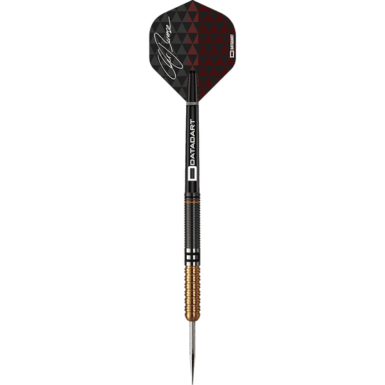 DA624_Datadart_Christian_Bunse_Gold_Black_Steeldarts_1OF3t10m9mz3nw Auf dem Bild ist ein Steeldartpfeil zu sehen. Der Pfeil hat schwarze und goldene Details sowie eine schwarze Flights mit rotem Muster und einer Unterschrift.