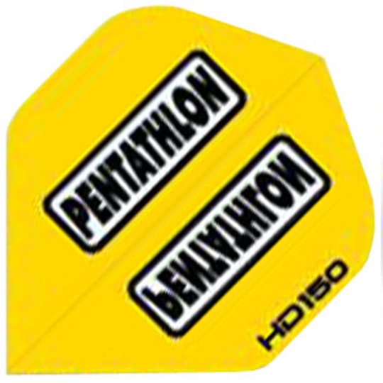 hd12 Das Bild zeigt eine gelbe Dart-Flight mit der Aufschrift "PENTATHLON" in schwarz-weißen Kästen. Unten rechts steht die Produktbezeichnung "HD150".