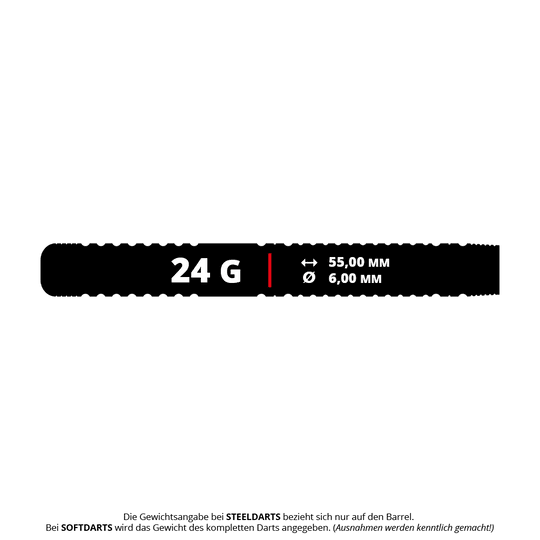 Bulls Martijn Dragt Steel Darts - 24g Das Bild zeigt die Produktdaten der Bulls Martijn Dragt Steeldarts mit einem Gewicht von 24 Gramm. Der Barrel ist 55,00 mm lang und hat einen Durchmesser von 6,00 mm.