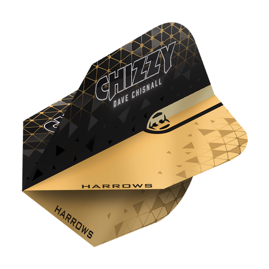 Harrows Prime Dave Chisnall Chizzy 2 Lety č. 6 Das Bild zeigt ein Harrows Prime Dave Chisnall Chizzy 2 No6 Flight. Das Flight ist schwarz-gold gestaltet und trägt den Aufdruck "CHIZZY DAVE CHISNALL" sowie das Harrows-Logo.