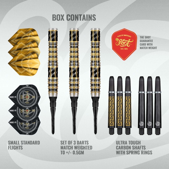 Šipky Shot Alchemy Auro Softdarts - 20g Die Shot Alchemy Auro Softdarts - 20g werden präsentiert. Die Darts sind speziell für Softdart geeignet.