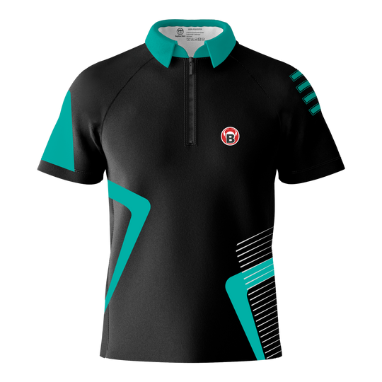 Maglietta Bulls Team Dart - Menta Das Bild zeigt das Bulls Team Dartshirt in der Farbe Mint. Das Shirt ist überwiegend schwarz mit mintfarbenen Akzenten und einem kleinen B-Logo auf der Brust.