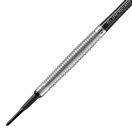 Fléchettes souples Harrows Shard Das Bild zeigt einen Harrows Shard Softdart mit silbernem, gerilltem Griffbereich. Die Spitze ist schwarz und die Schaftaufschrift lautet "Supergrip".