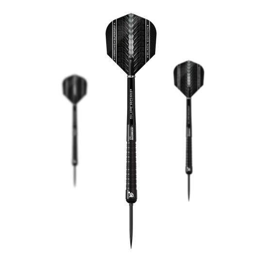 Freccette in acciaio Harrows Supergrip 90 Black Edition Quick Point Auf diesem Bild ist ein Set der Harrows Supergrip 90 Black Edition Quick Point Steeldarts zu sehen. Die Steeldarts sind ideal für Turniere und Freizeitspiele.