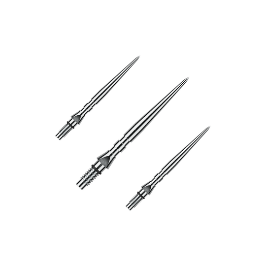 Ocelové hroty na šipky Winmau Switch Point Groove - stříbrný efekt Auf dem Bild ist ein Set von silbernen Steeldartspitzen mit Rillen zu sehen, wahrscheinlich 'Switch Point Groove Silver Effect' und 26mm lang. Das Set ist für den Einsatz bei Steeldarts gedacht.