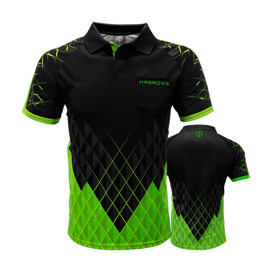 HRS-26333_Harrows_Paragon_Dartshirt_Gr-n_0 Harrows Paragon Dartshirt mit betontem Kragen. Das Shirt liegt flach ausgestreckt.