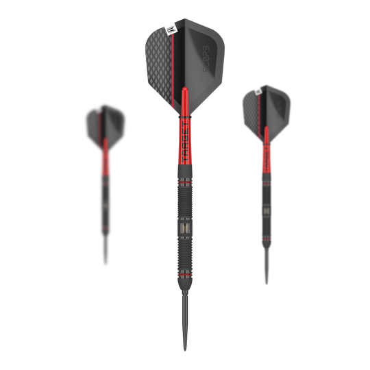 Dardos de acero Target Scope 01 Swiss Point Das Bild zeigt drei Steeldarts des Modells "Target Scope 01 Swiss Point". Die Darts sind überwiegend schwarz mit roten Akzenten und haben ein modernes, sportliches Design.
