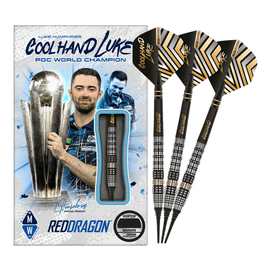 Red Dragon Luke Humphries Prestige Softdarts - 20g Auf dem Bild sind die Red Dragon Luke Humphries Prestige Softdarts mit 20g Gewicht zu sehen. Die Verpackung zeigt ein Bild von Luke Humphries und die Darts sind schwarz mit silbernen und goldenen Details.