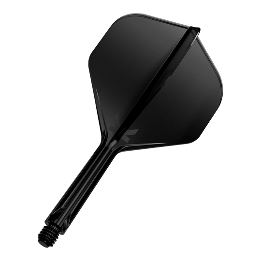 Target K-Flex No2 Standard Flight System - Black Dies ist ein schwarzer Dartflight mit Schaft. Er hat eine glatte Oberfläche und eine klassische, standardisierte Form.