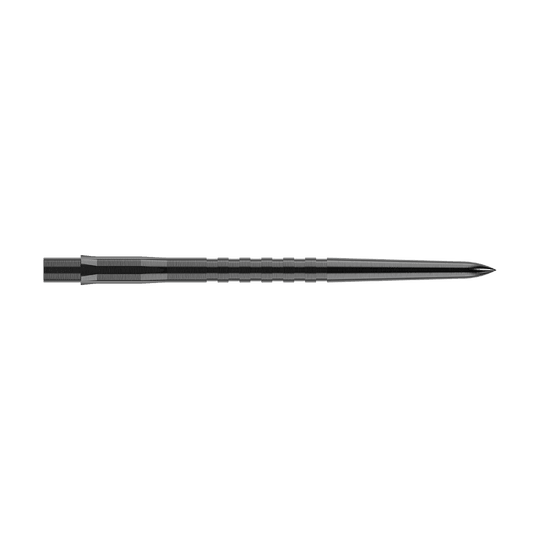 Mission Caliburn EVO Dart Tips - Grooved - Black Das Bild zeigt eine schwarze, gerillte Steeldartspitze. Sie ist lang und schmal mit einer scharfen Spitze.