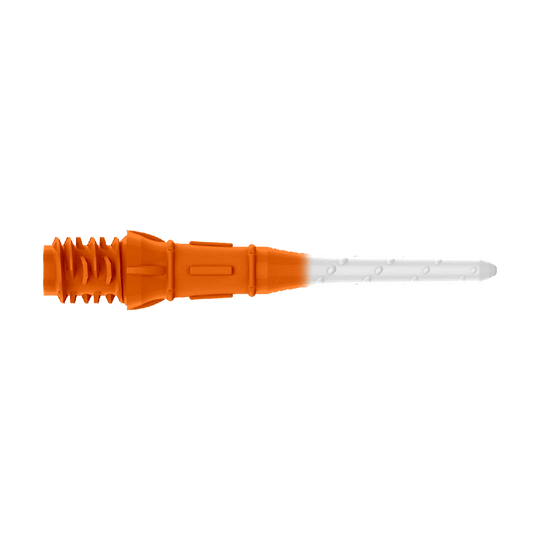 L-Style Premium Two Tone Lippoints (30er Pack)-Orange/Weiß Das Bild zeigt eine zweifarbige Kunststoffspitze, die auf einer Seite orange und auf der anderen weiß ist. Es handelt sich um eine Ersatzspitze für ein elektronisches Dart.