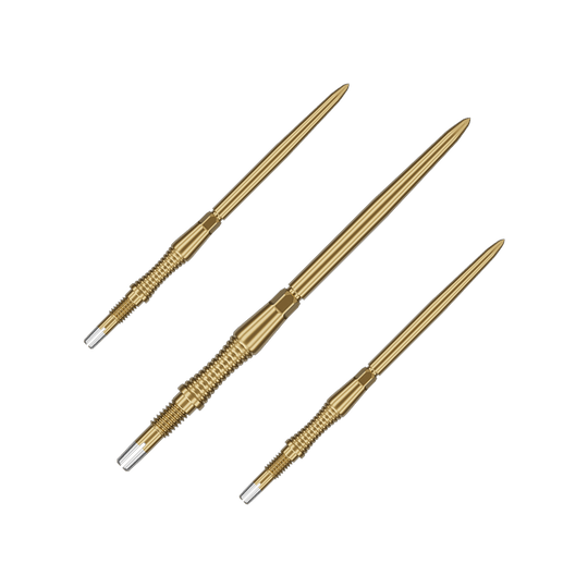 Target Swiss Point Dart Tips Signature RST - Gold Das Bild zeigt ein Set von Target Swiss Point Dartspitzen Signature RST in Gold, 42mm. Das Set enthält mehrere identische Dartspitzen mit strukturierter Oberfläche.