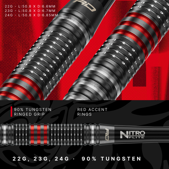 Hier sieht man die Red Dragon Jonny Clayton RD-PRO Switch Point Steeldarts. Die Pfeile sind aus Metall und mit schwarzen Elementen versehen.