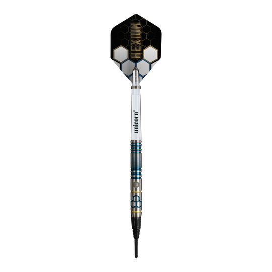 Unicorn Hexium Style 02 Niebiesko-złote miękkie lotki - 21 g Hier sieht man die Unicorn Hexium Style 02 Blue & Gold Softdarts - 21g. Die Darts sind in Blau und Gold gehalten.