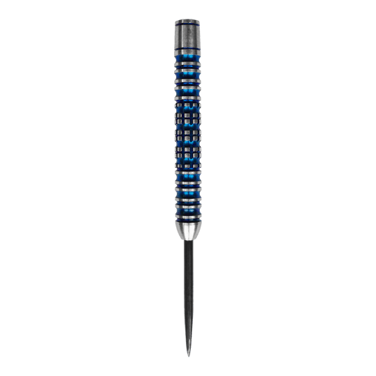 Das Bild zeigt ein McDart Ocean Steeldart Barrel mit einem Gewicht von 23g. Der Barrel hat ein silber-blaues Design mit Rillen und einem spitzen Ende.