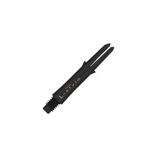 Wałki karbonowe w stylu L Das Bild zeigt einen schwarzen Carbon-Dartshaft ohne Kappen mit der Aufschrift "L-style". Der Schaft ist 32 mm lang und hat ein Schraubgewinde am Ende.