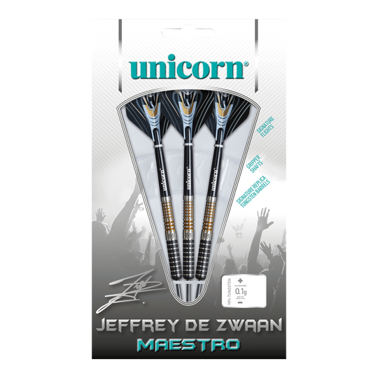 Dardos de acero Unicorn Maestro Jeffrey De Zwaan Fase 3 Das Bild zeigt eine Verpackung mit drei Steeldarts der Marke Unicorn, Modell „Jeffrey De Zwaan Maestro“. Die Darts sind in einer transparenten Blisterverpackung sichtbar und auf der Verpackung steht der Name des Produkts.