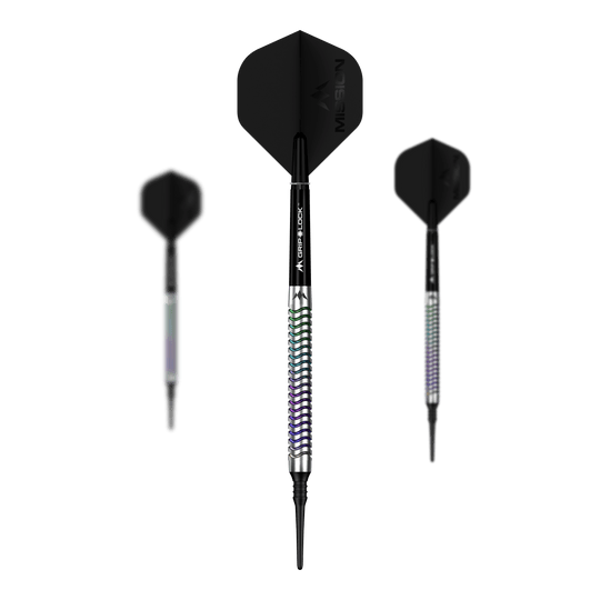 Das Bild zeigt ein Set der Mission Mirage Softdarts - 20g. Alle Teile des Dart-Sets sind zu erkennen.