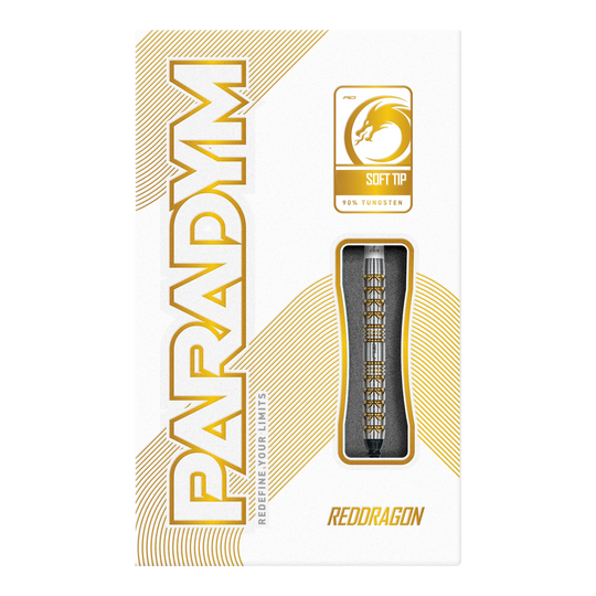 Hier sind die Red Dragon Paradym Gold Parallel Softdarts - 20g abgebildet. Sie zeigen elegante goldene Darts mit parallelem Schaft.