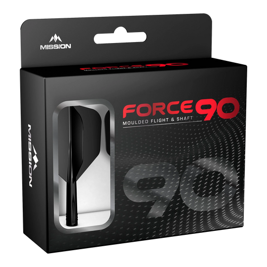 Sistema de eje de vuelo Mission Force 90 No6 - Negro Die Abbildung zeigt die Verpackung des Produkts "Mission Force 90 No6 Flight-Shaft-System - Schwarz". In der Box befindet sich ein schwarzes Flight- und Shaft-System für Darts.