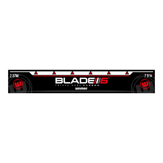 Linea di lancio Winmau Blade 6 Das Bild zeigt die Abwurflinie "Winmau Blade 6". Auf der Linie sind die Maße 2,37 m und 7'9¼" zu sehen.