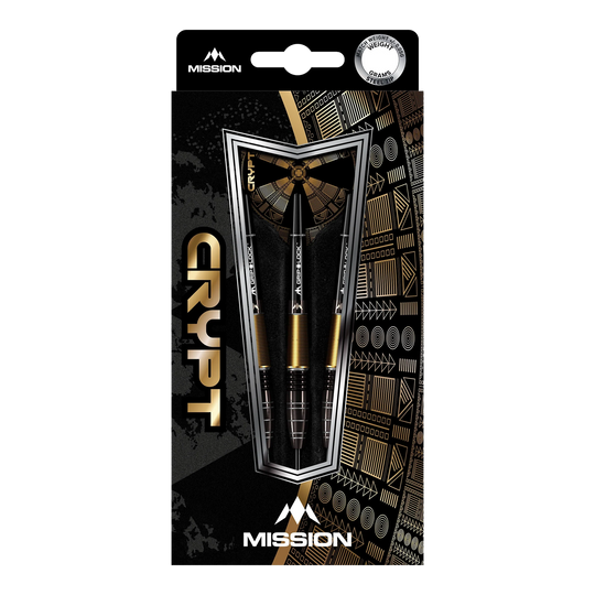 Mission Crypt Model 1 Steeldarts - 22g Die Abbildung zeigt die Verpackung der "Mission Crypt Model 1 Steeldarts - 22g". Drei schwarze und goldene Steeldarts sind in einer stilvollen Box mit geometrischen Mustern angeordnet.
