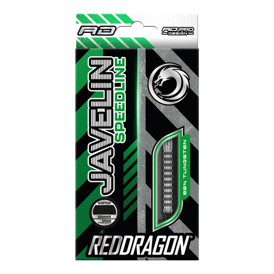 Dardos blandos Red Dragon Javelin Speedline - 20 g Die Verpackung zeigt die "Red Dragon Javelin Speedline Softdarts" mit 20 Gramm Gewicht. Das Design ist grün, schwarz und silbern und hebt 85% Tungsten hervor.
