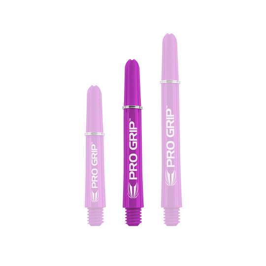 Tiges Target Pro Grip - 3 jeux - Violet Das Bild zeigt drei lila Dartschäfte in unterschiedlichen Längen. Auf jedem Schaft steht in Weiß "PRO GRIP" geschrieben.