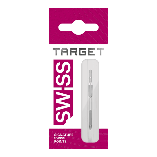 Target Elysian Archetype 43 Swiss Point Steel Dart Tips - Silver Diese Grafik zeigt drei silberne Dartspitzen mit einer Länge von 30mm. Sie sind für das Swiss Point System konzipiert.