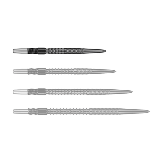 Końcówki lotek Target Swiss Firepoint Black Auf dem Bild sind vier schwarze Dartspitzen in einer Reihe zu sehen. Sie sind aus Metall und haben ein modernes, gerilltes Design.