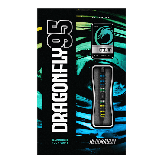 Šipky Red Dragon Dragon 95 černé, zúžené, ocelové Auf dem Bild ist die Verpackung der "Red Dragon Dragonfly 95 Black Tapered Steeldarts" zu sehen. Die Schachtel hebt das Design der Darts sowie den Schriftzug und die Materialien hervor.